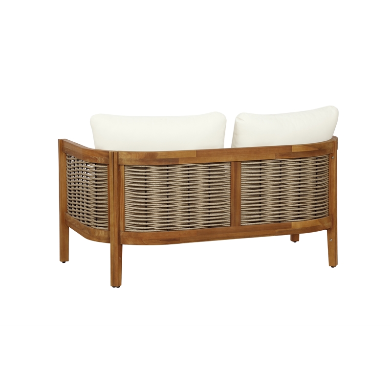 Linon Panama Loveseat Table & 2 Chair Set Beige Cushions in Brown Acacia Wood