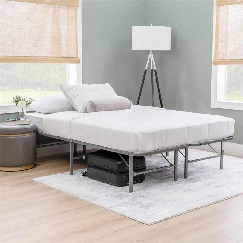 Linon Lowell Full Folding Platform Mattress Base in Grey Powder Coated Steel