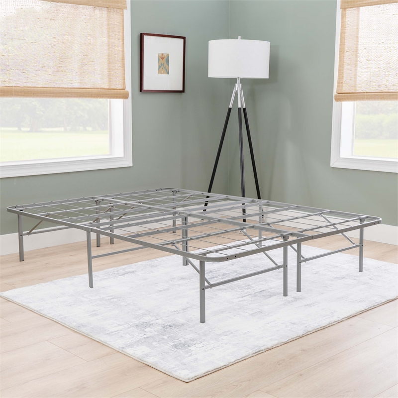 Linon Lowell Queen Folding Platform Mattress Base in Grey Powder Coated Steel