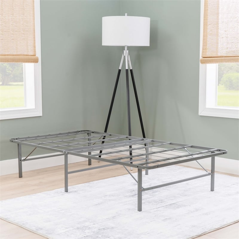 Linon Lowell Twin Folding Platform Mattress Base in Grey Powder Coated Steel