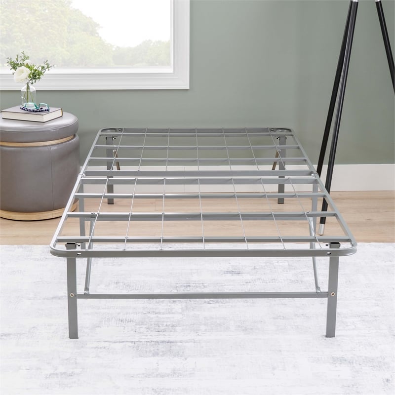 Linon Lowell Twin Folding Platform Mattress Base in Grey Powder Coated Steel