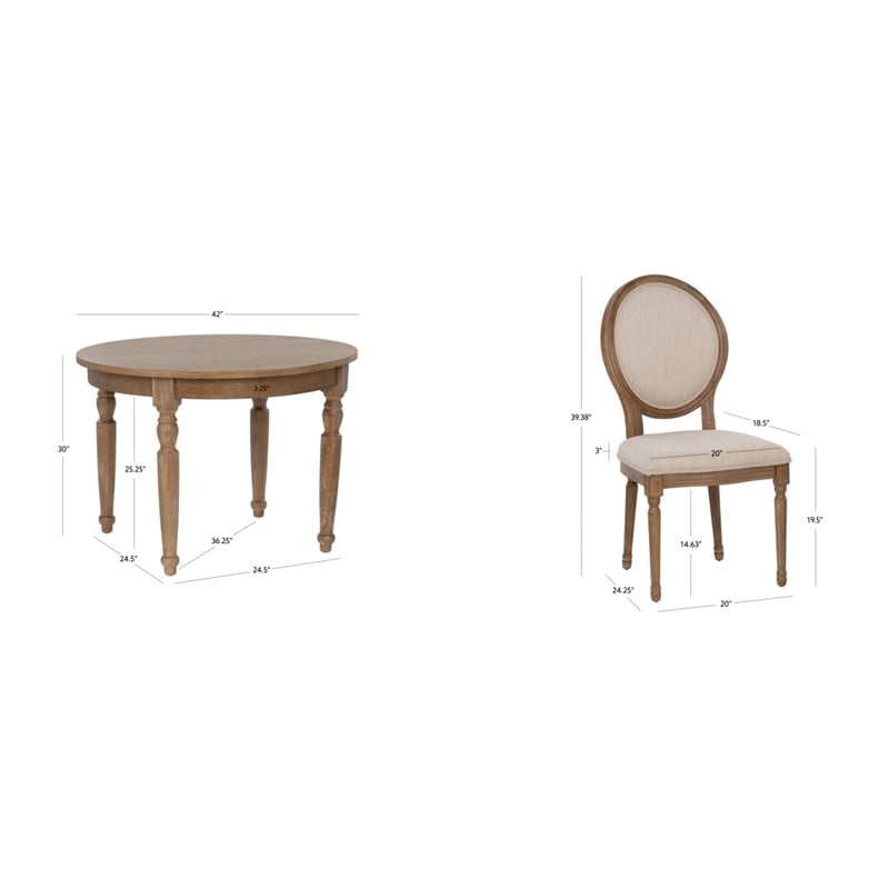 Linon Avalon 5 Piece Round Dining Table and 4 Upholstered Chairs in Natural Wood