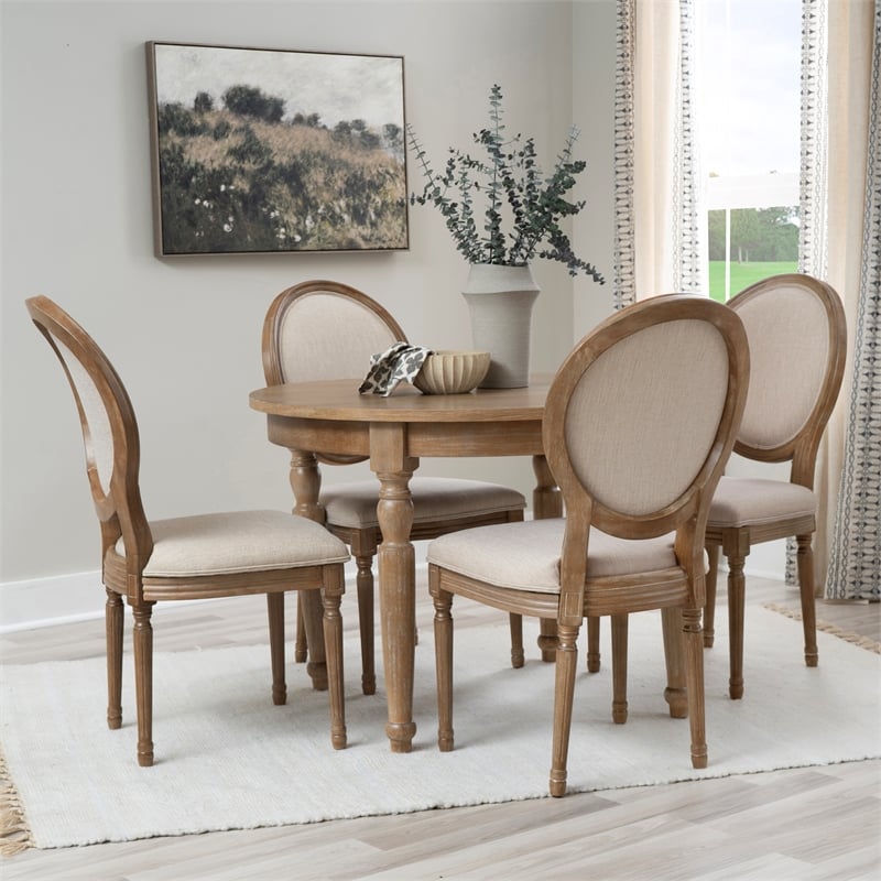 Linon Avalon 5 Piece Round Dining Table and 4 Upholstered Chairs in Natural Wood