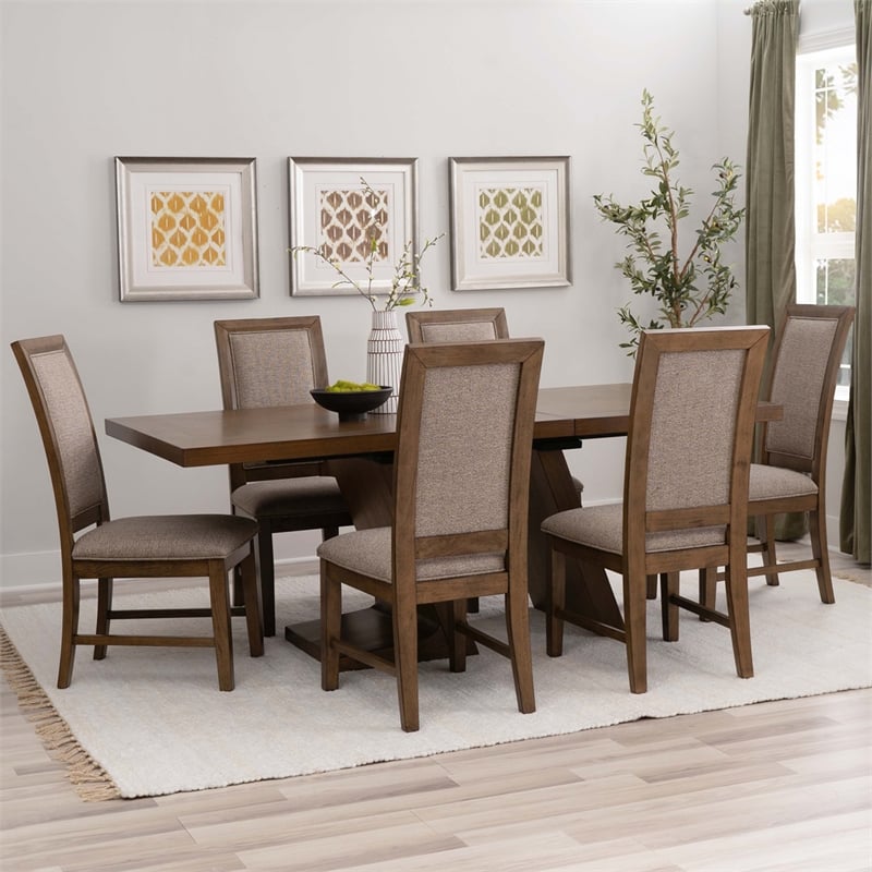 Linon Carver 7 Pce Extendable Dining Set with 6 Upholstered Chairs in Brown Wood