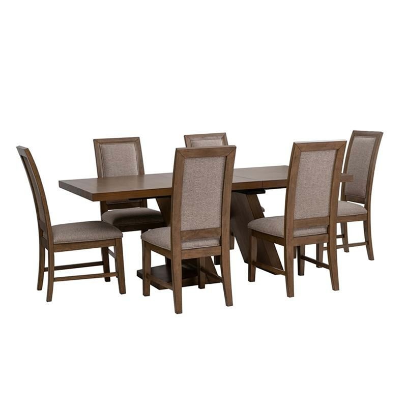 Linon Carver 7 Pce Extendable Dining Set with 6 Upholstered Chairs in Brown Wood
