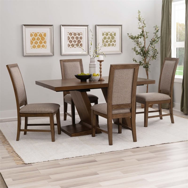 Linon Carver 5 Pce Extendable Dining Set with 4 Upholstered Chairs in Brown Wood