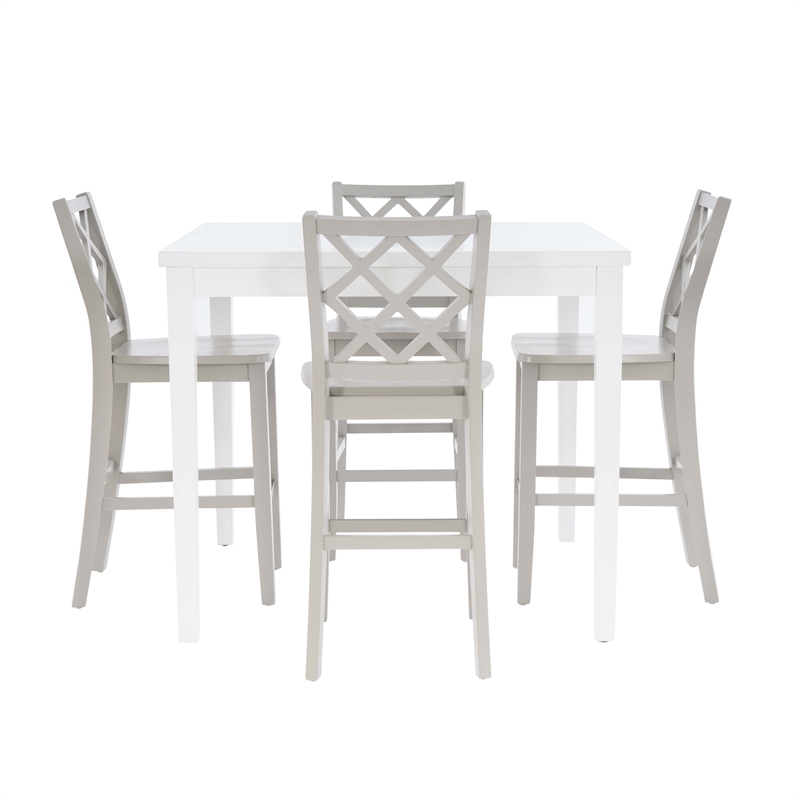 Linon Nico 5 Pce Counter Dining Set White Table/4 Light Gray Chairs in Wood