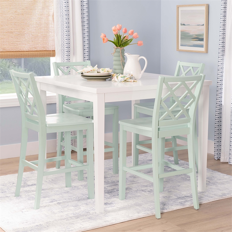 Linon Nico 5 Pce Counter Dining Set White Table/4 Mint Green Chairs in Wood