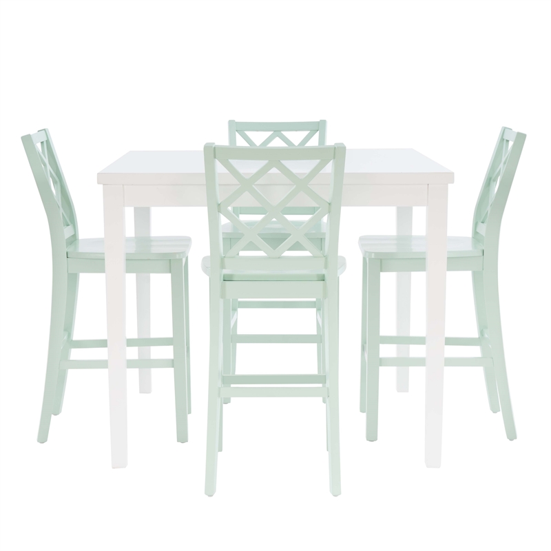 Linon Nico 5 Pce Counter Dining Set White Table/4 Mint Green Chairs in Wood