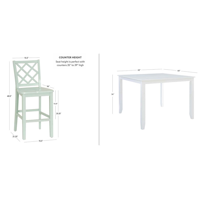 Linon Nico 5 Pce Counter Dining Set White Table/4 Mint Green Chairs in Wood