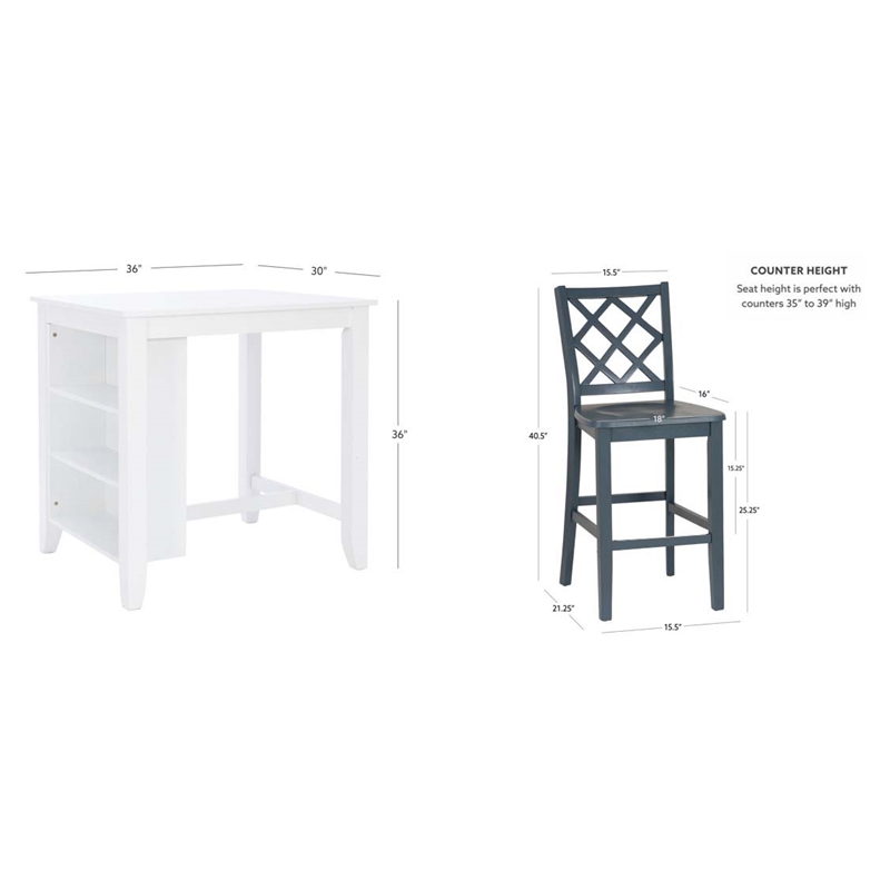 Linon Nico 3 Pce Counter Dining Set White Table/2 Chairs in Graphine Gray Wood