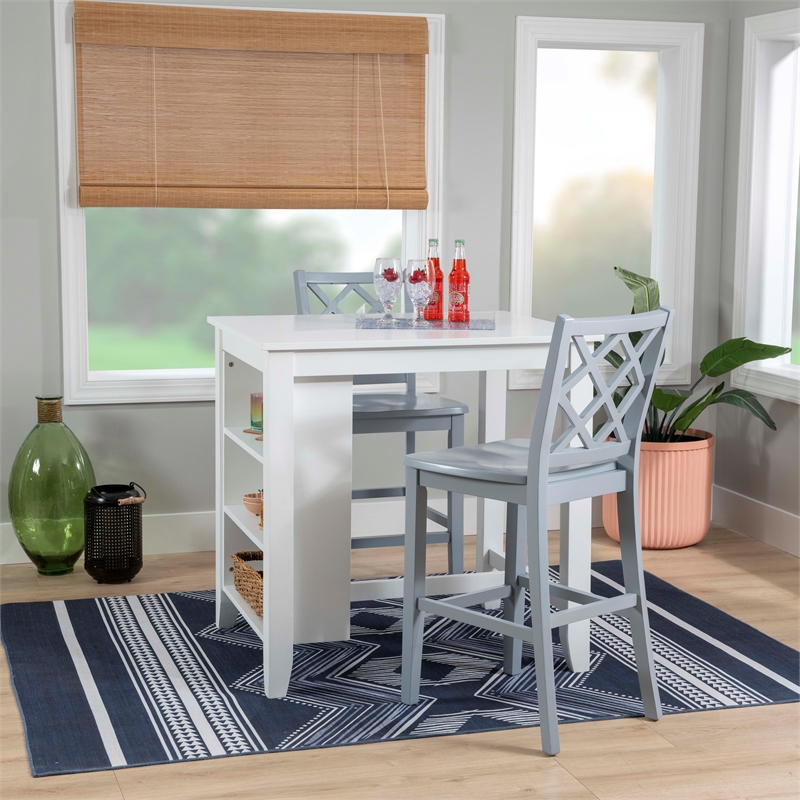Linon Nico 3 Pce Counter Dining Set White Table/2 Chairs in Light Gray Wood