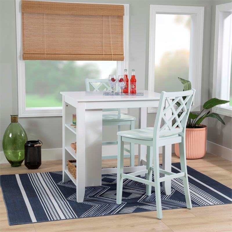 Linon Nico 3 Pce Counter Dining Set White Table/2 Mint Green Chairs in Wood