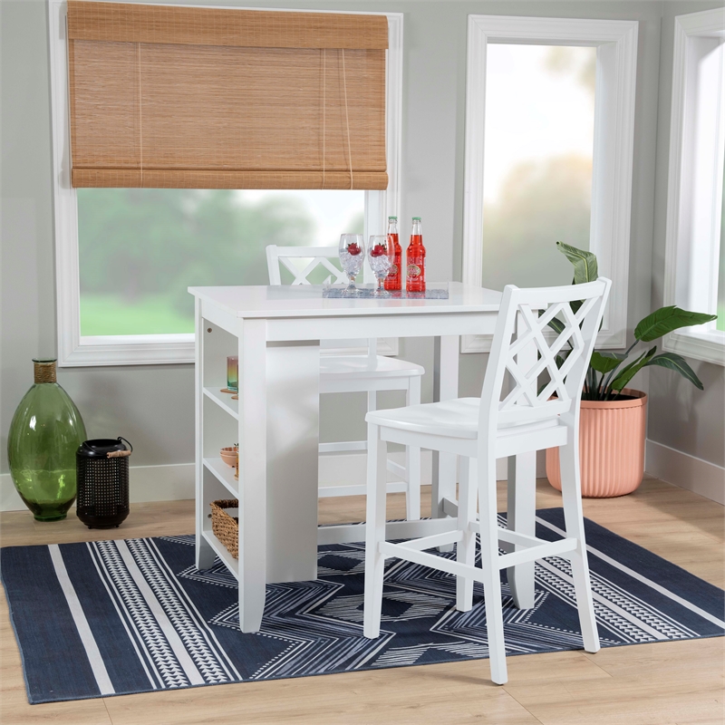 Linon Nico 3 Pce Counter Dining Set Table with Storage/2 Chairs in White Wood