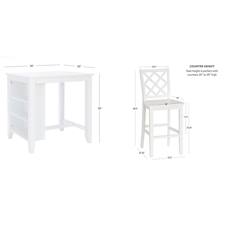 Linon Nico 3 Pce Counter Dining Set Table with Storage/2 Chairs in White Wood