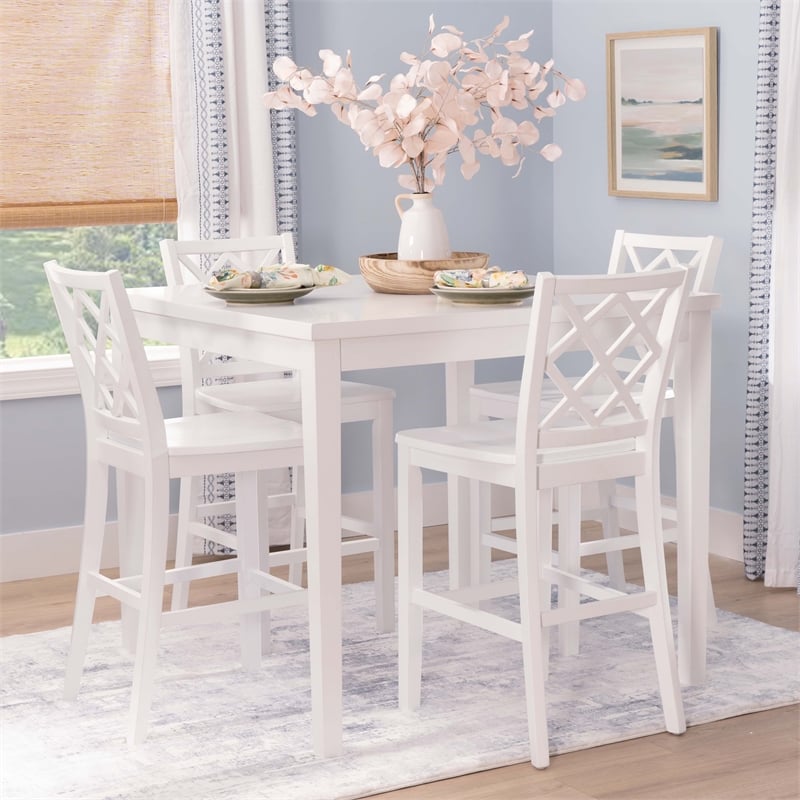 Linon Nico 5 Piece Counter Dining Set Table/4 Lattice Back Chairs in White Wood