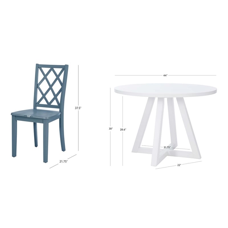 Linon Nico 5 Piece Dining Set White Round Table/4 Gray Chairs in Solid Wood
