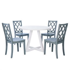Linon Nico 5 Piece Dining Set White Round Table/4 Gray Chairs in Solid Wood
