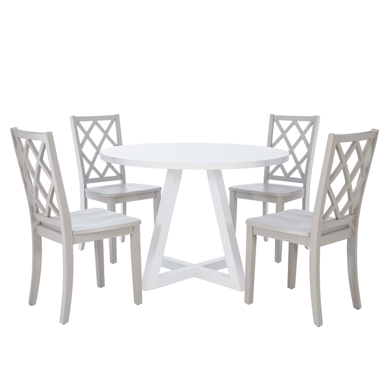 Linon Nico 5 Pce Dining Set White Round Table/4 Light Gray Chairs in Solid Wood