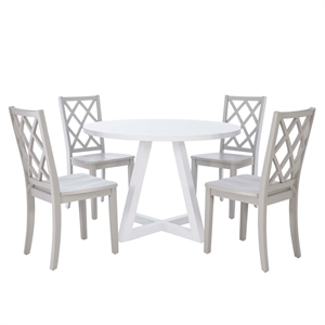 Linon Nico 5 Pce Dining Set White Round Table/4 Light Gray Chairs in Solid Wood