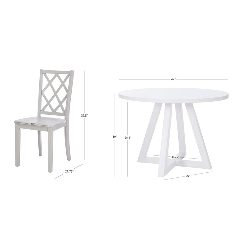 Linon Nico 5 Pce Dining Set White Round Table/4 Light Gray Chairs in Solid Wood