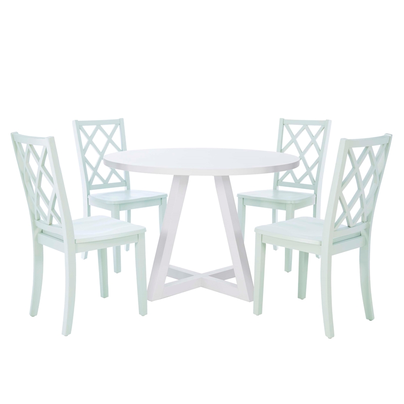 Linon Nico 5 Pce Dining Set White Round Table/4 Mint Green Chairs in Solid Wood