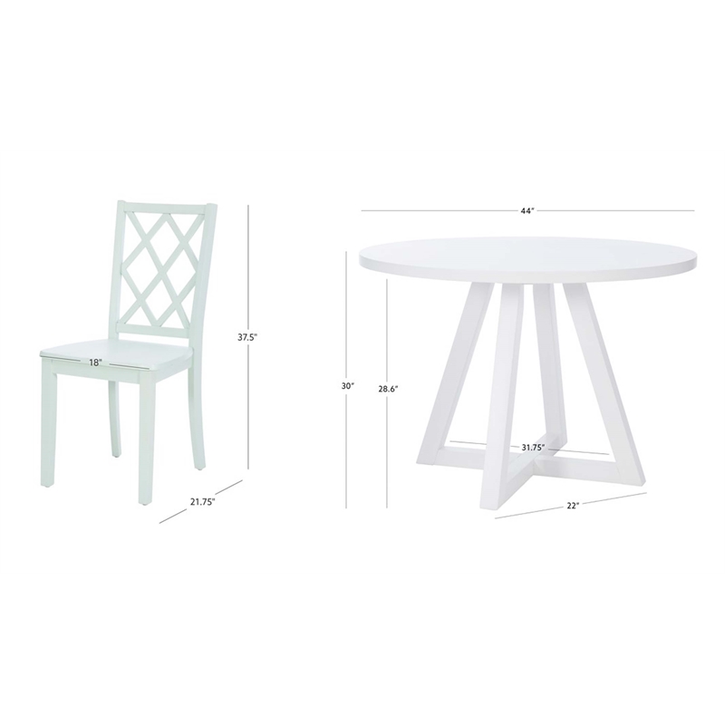 Linon Nico 5 Pce Dining Set White Round Table/4 Mint Green Chairs in Solid Wood