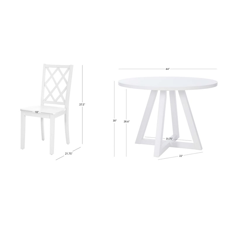 Linon Nico 5 Pce Dining Set Round Table/4 Lattice Back Chairs in White Wood