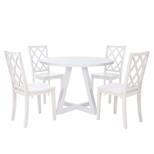 Linon Nico 5 Pce Dining Set Round Table/4 Lattice Back Chairs in White Wood