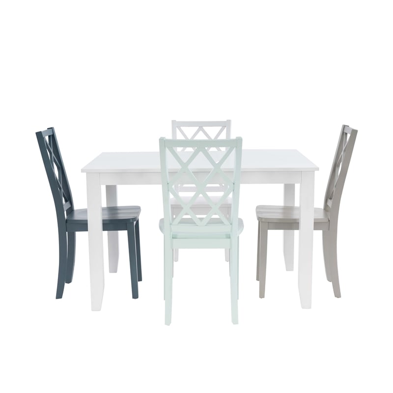 Linon Nico 5 Piece Dining Set White Table/4 Multi Color Chairs in Solid Wood