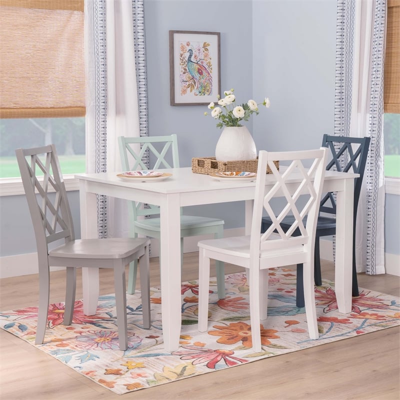 Linon Nico 5 Piece Dining Set White Table/4 Multi Color Chairs in Solid Wood