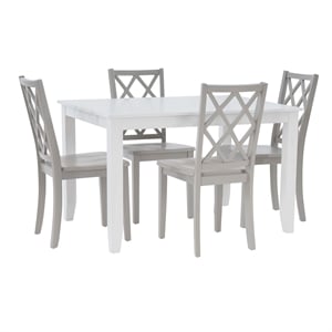 Linon Nico 5 Pce Dining Set White Table/4 Light Gray Lattice Back Chairs in Wood