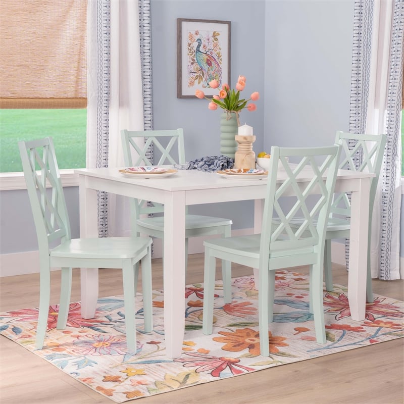 Linon Nico 5 Pce Dining Set White Table/4 Lattice Back Mint Green Chairs in Wood