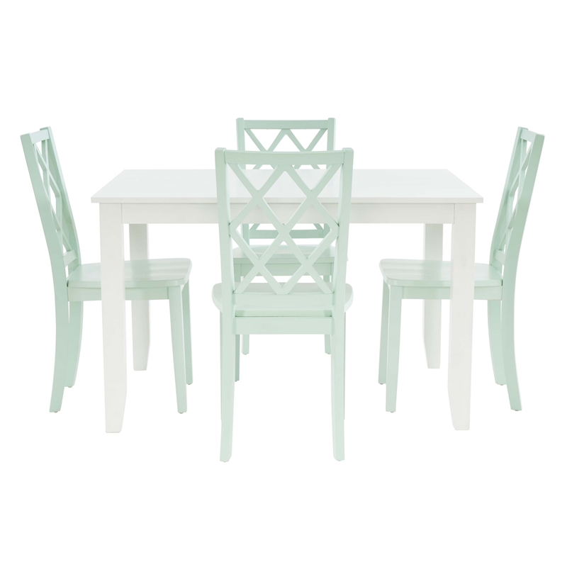 Linon Nico 5 Pce Dining Set White Table/4 Lattice Back Mint Green Chairs in Wood