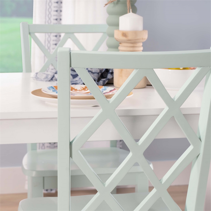 Linon Nico 5 Pce Dining Set White Table/4 Lattice Back Mint Green Chairs in Wood
