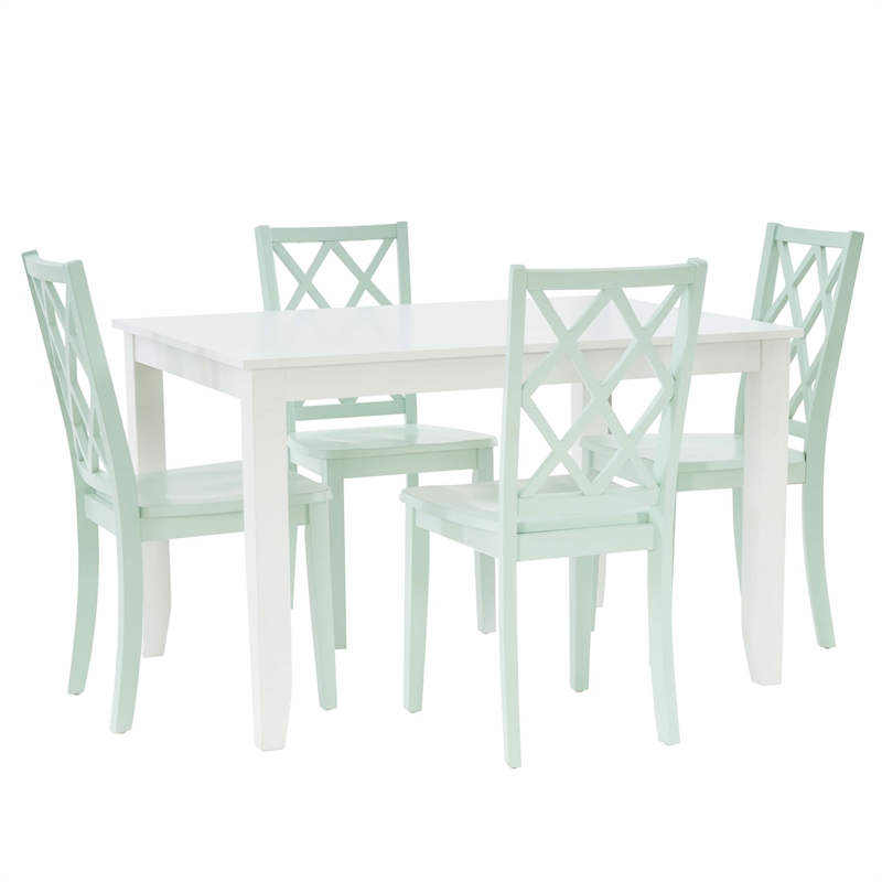 Linon Nico 5 Pce Dining Set White Table/4 Lattice Back Mint Green Chairs in Wood