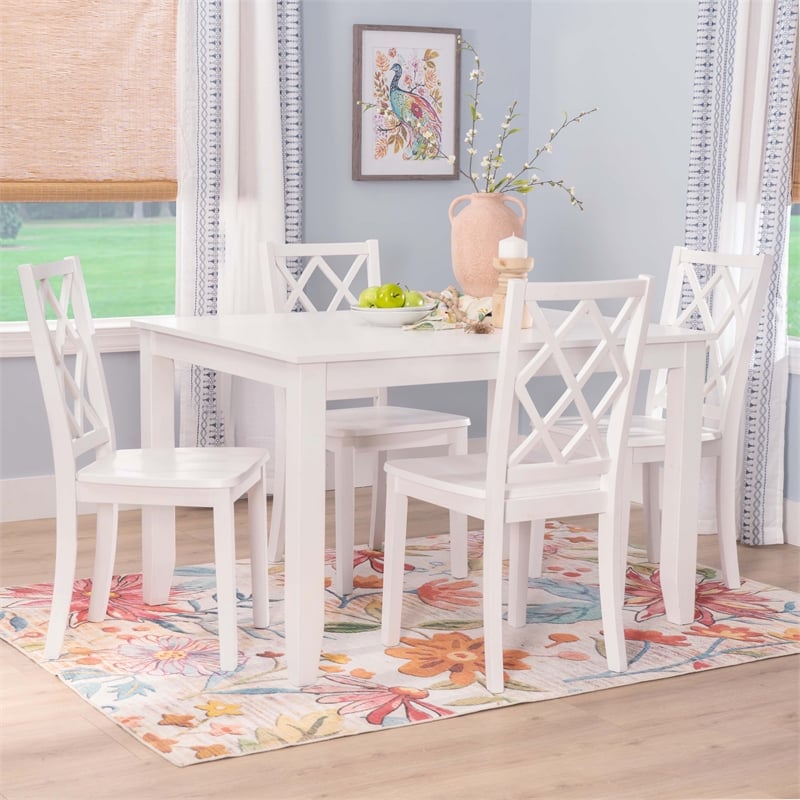 Linon Nico 5 Pce Dining Set Table and 4 Lattice Back Chairs in Pure White Wood