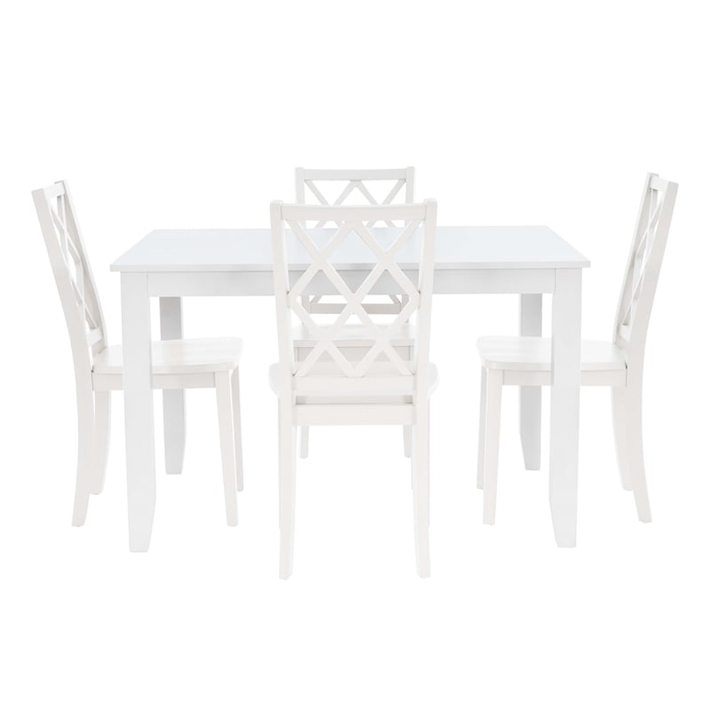Linon Nico 5 Pce Dining Set Table and 4 Lattice Back Chairs in Pure White Wood