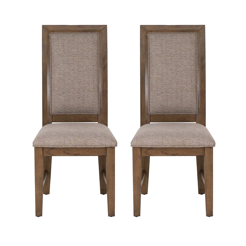 Linon Carver Set of 2 Rubberwood Dining Chairs Fully Upholstered in Brown Stain