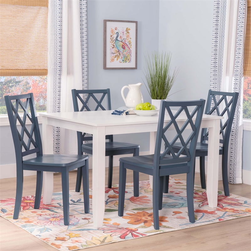 Linon Nico 5 Pce Dining Set with White Table/4 Lattice Back Chairs in Gray Wood