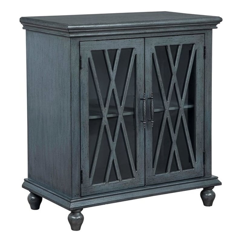 Linon Kelcey Storage Cabinet with Lattice Design on Two Glass Doors in Grey Wood