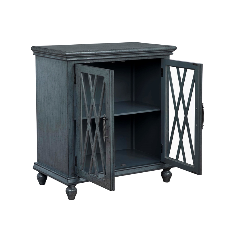 Linon Kelcey Storage Cabinet with Lattice Design on Two Glass Doors in Grey Wood