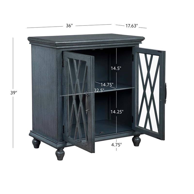 Linon Kelcey Storage Cabinet with Lattice Design on Two Glass Doors in Grey Wood