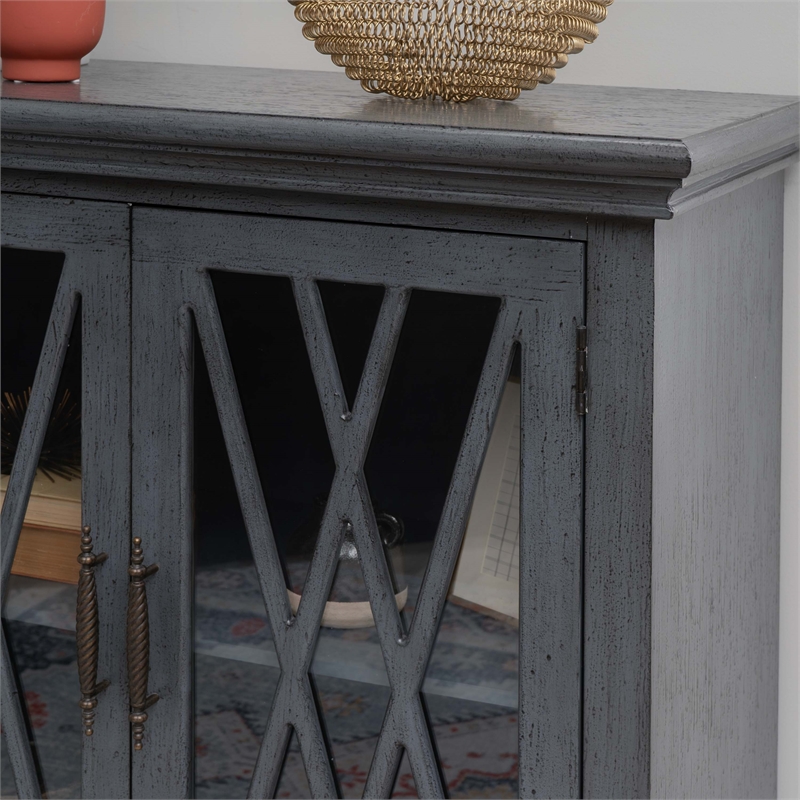 Linon Kelcey Storage Cabinet with Lattice Design on Two Glass Doors in Grey Wood