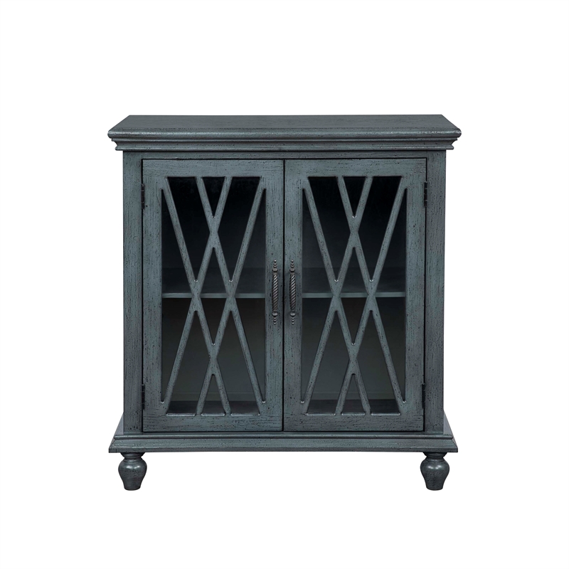 Linon Kelcey Storage Cabinet with Lattice Design on Two Glass Doors in Grey Wood