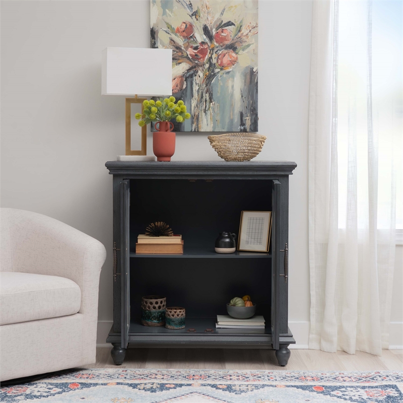 Linon Kelcey Storage Cabinet with Lattice Design on Two Glass Doors in Grey Wood