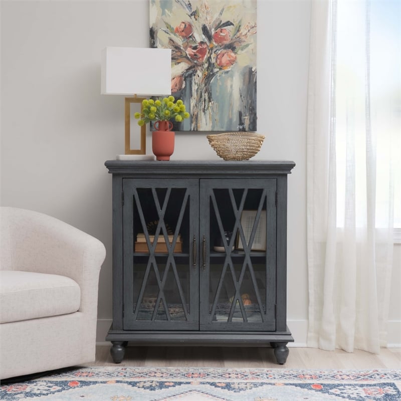 Linon Kelcey Storage Cabinet with Lattice Design on Two Glass Doors in Grey Wood