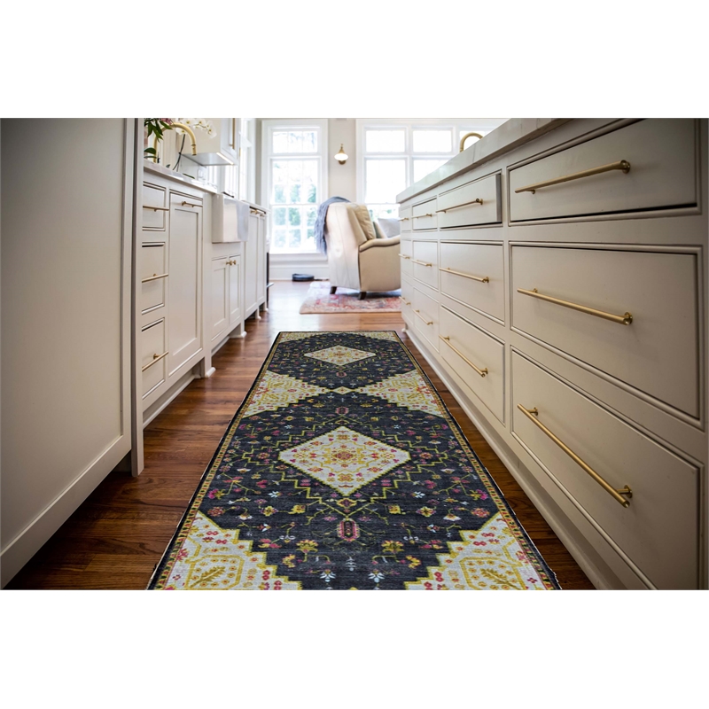 Linon Logan Gazia  Polyester 2' X 10' Runner Rug in Black and Ivory