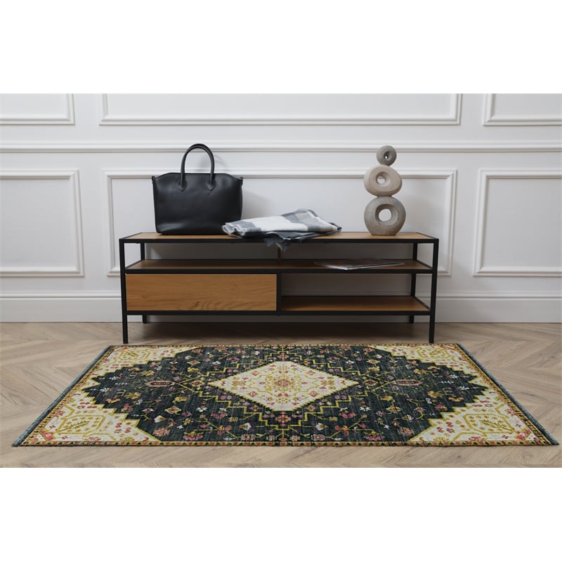 Linon Logan Gazia Polyester 3' X 5' Accent Rug in Black and Ivory