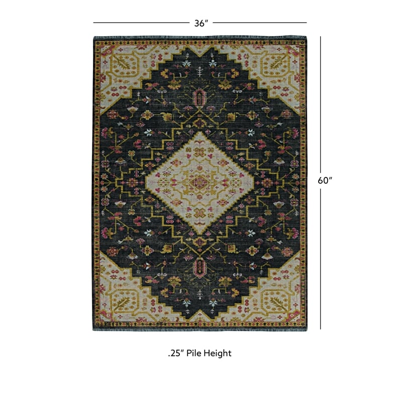 Linon Logan Gazia Polyester 3' X 5' Accent Rug in Black and Ivory